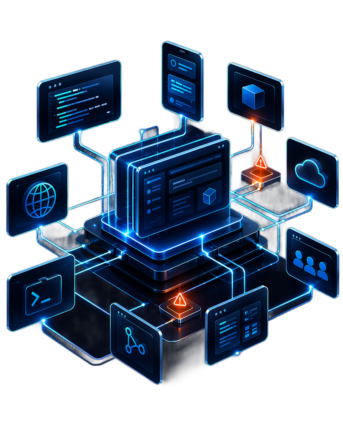 A central SaaS app connected to extension, MCP, AI, and billing surfaces with one weak edge exposed.